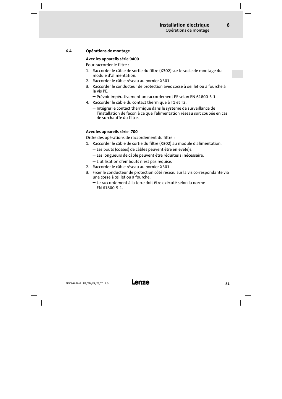 4 opérations de montage, Opérations de montage | Lenze E94AZMP User Manual | Page 81 / 136