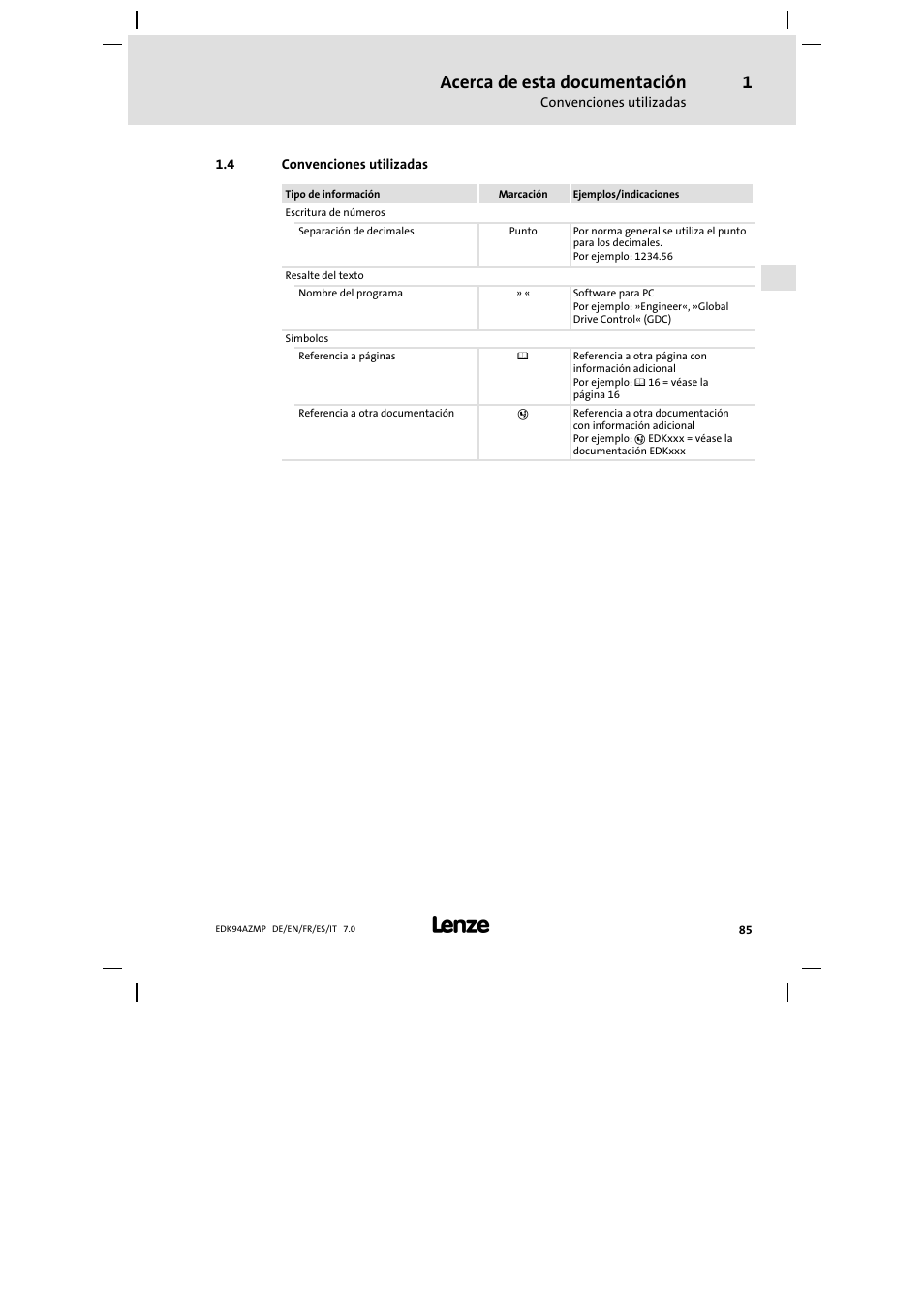 4 convenciones utilizadas, Convenciones utilizadas, Acerca de esta documentación | Lenze E94AZMP User Manual | Page 85 / 136