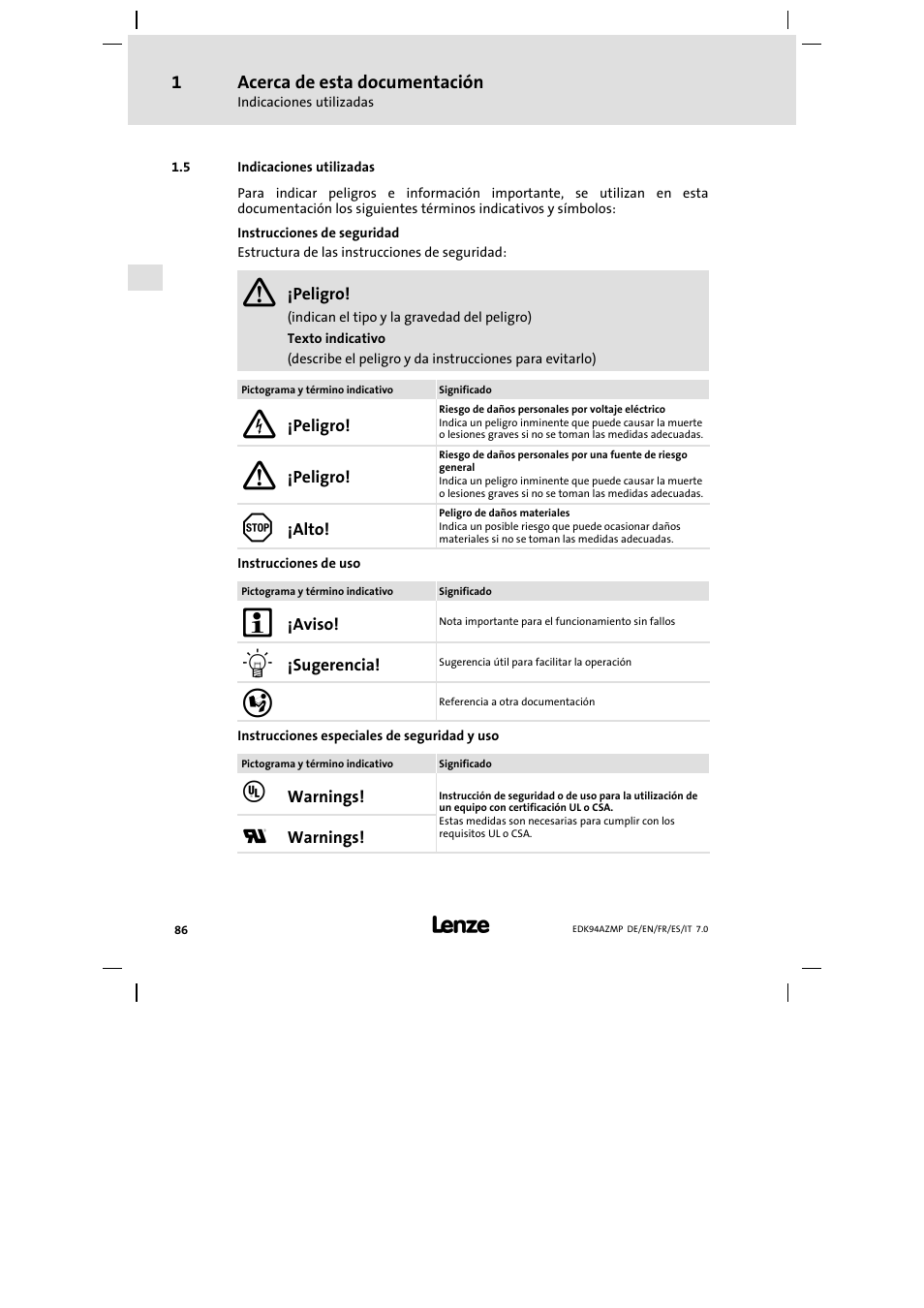 5 indicaciones utilizadas, Indicaciones utilizadas | Lenze E94AZMP User Manual | Page 86 / 136