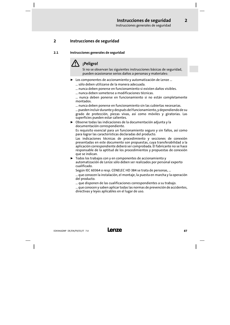 2 instrucciones de seguridad, 1 instrucciones generales de seguridad, Instrucciones de seguridad | Instrucciones generales de seguridad | Lenze E94AZMP User Manual | Page 87 / 136