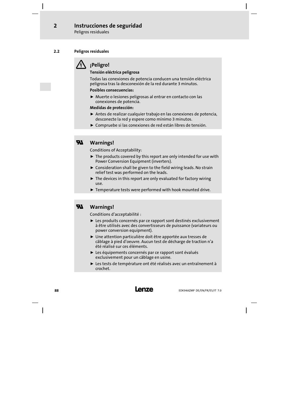 2 peligros residuales, Peligros residuales, Instrucciones de seguridad | Lenze E94AZMP User Manual | Page 88 / 136