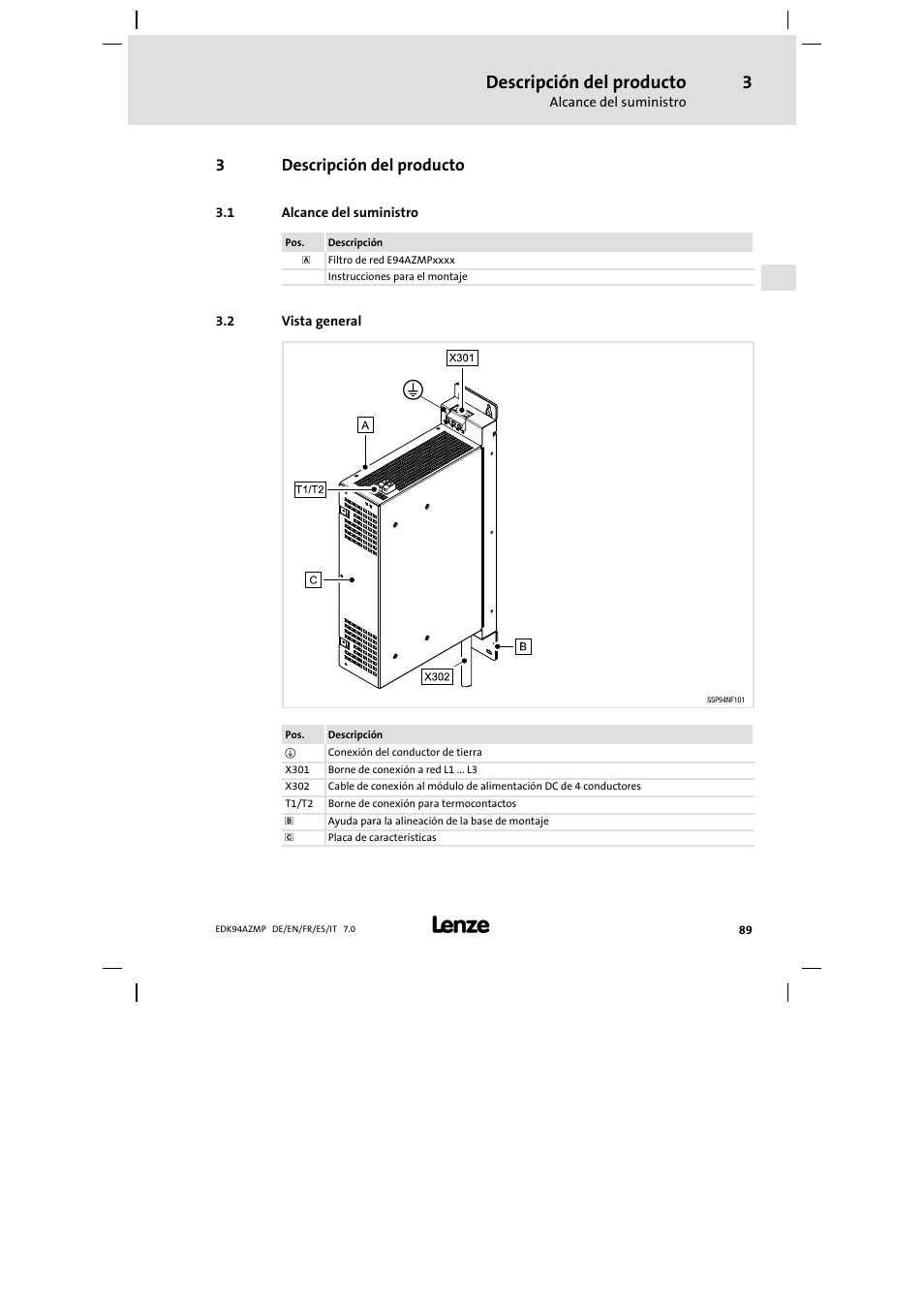 3 descripción del producto, 1 alcance del suministro, 2 vista general | Descripción del producto, Alcance del suministro, Vista general, 3descripción del producto | Lenze E94AZMP User Manual | Page 89 / 136