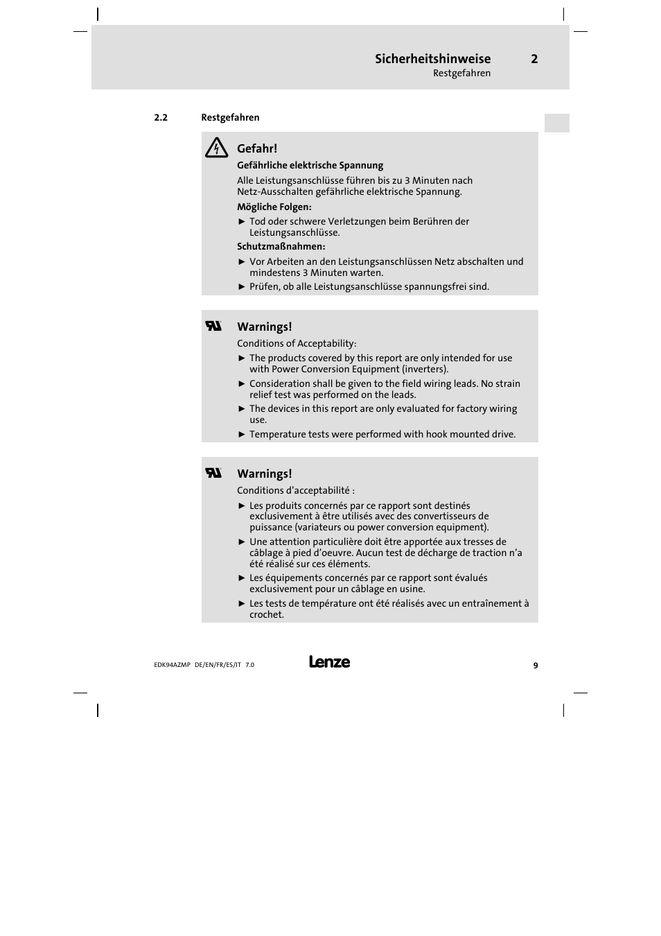 2 restgefahren, Restgefahren, Sicherheitshinweise | Lenze E94AZMP User Manual | Page 9 / 136