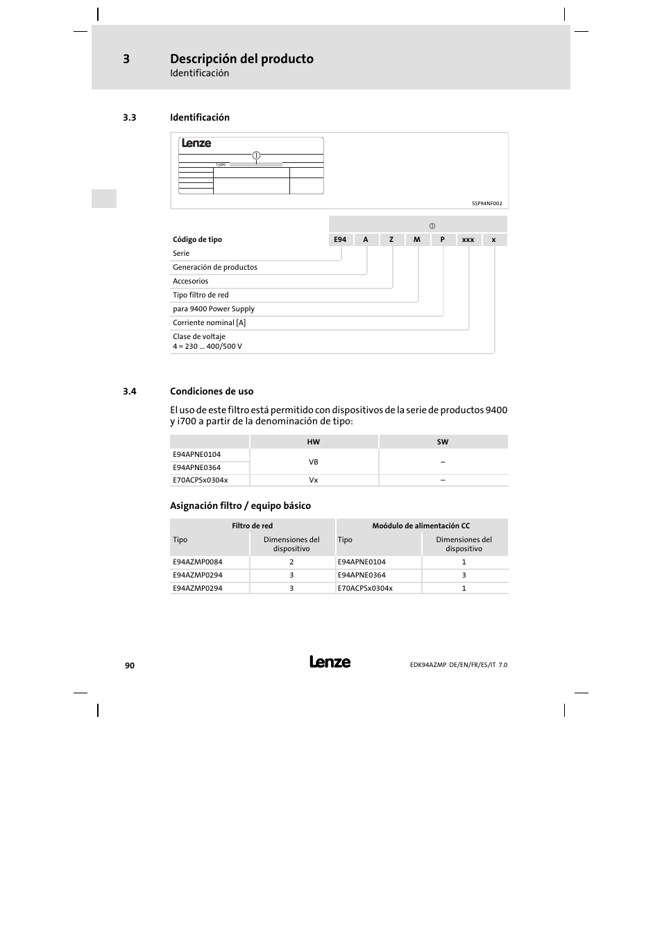 3 identificación, 4 condiciones de uso, Identificación | Condiciones de uso, Descripción del producto | Lenze E94AZMP User Manual | Page 90 / 136