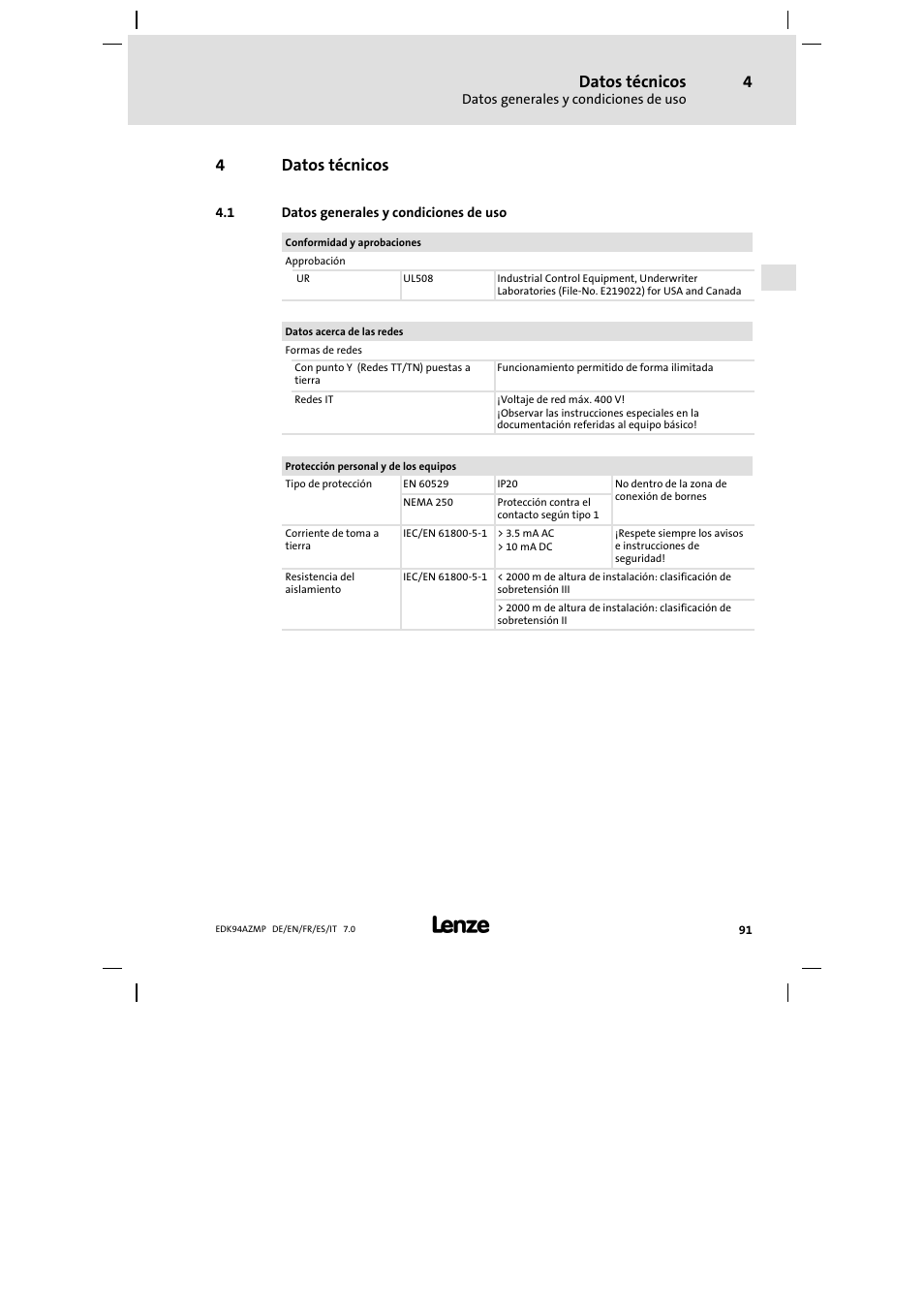 4 datos técnicos, 1 datos generales y condiciones de uso, Datos técnicos | Datos generales y condiciones de uso, 4datos técnicos | Lenze E94AZMP User Manual | Page 91 / 136