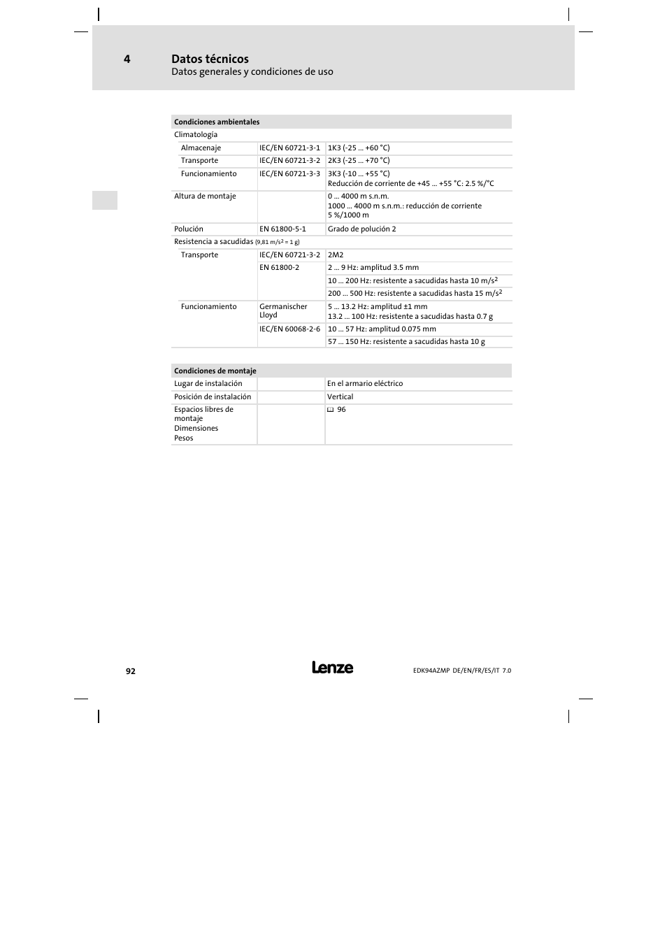 Datos técnicos | Lenze E94AZMP User Manual | Page 92 / 136