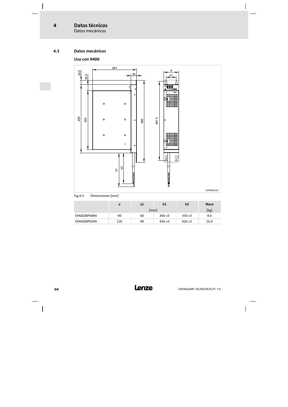 3 datos mecánicos, Datos mecánicos, Datos técnicos | Lenze E94AZMP User Manual | Page 94 / 136