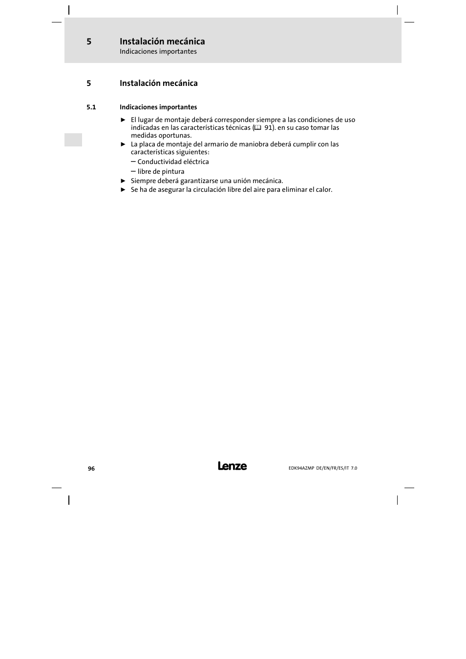 5 instalación mecánica, 1 indicaciones importantes, Instalación mecánica | Indicaciones importantes | Lenze E94AZMP User Manual | Page 96 / 136