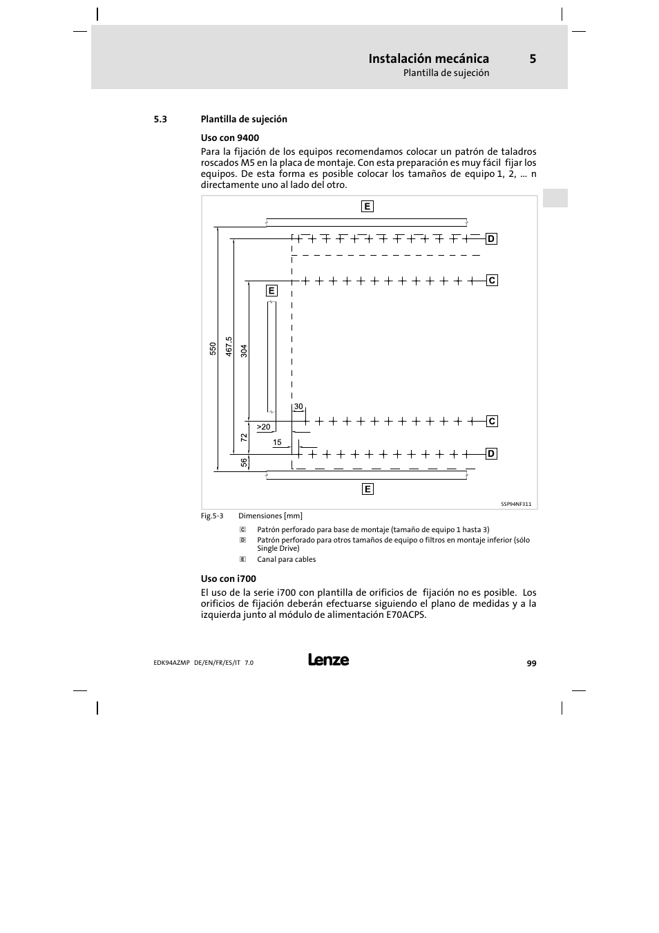 3 plantilla de sujeción, Plantilla de sujeción, Instalación mecánica | Lenze E94AZMP User Manual | Page 99 / 136