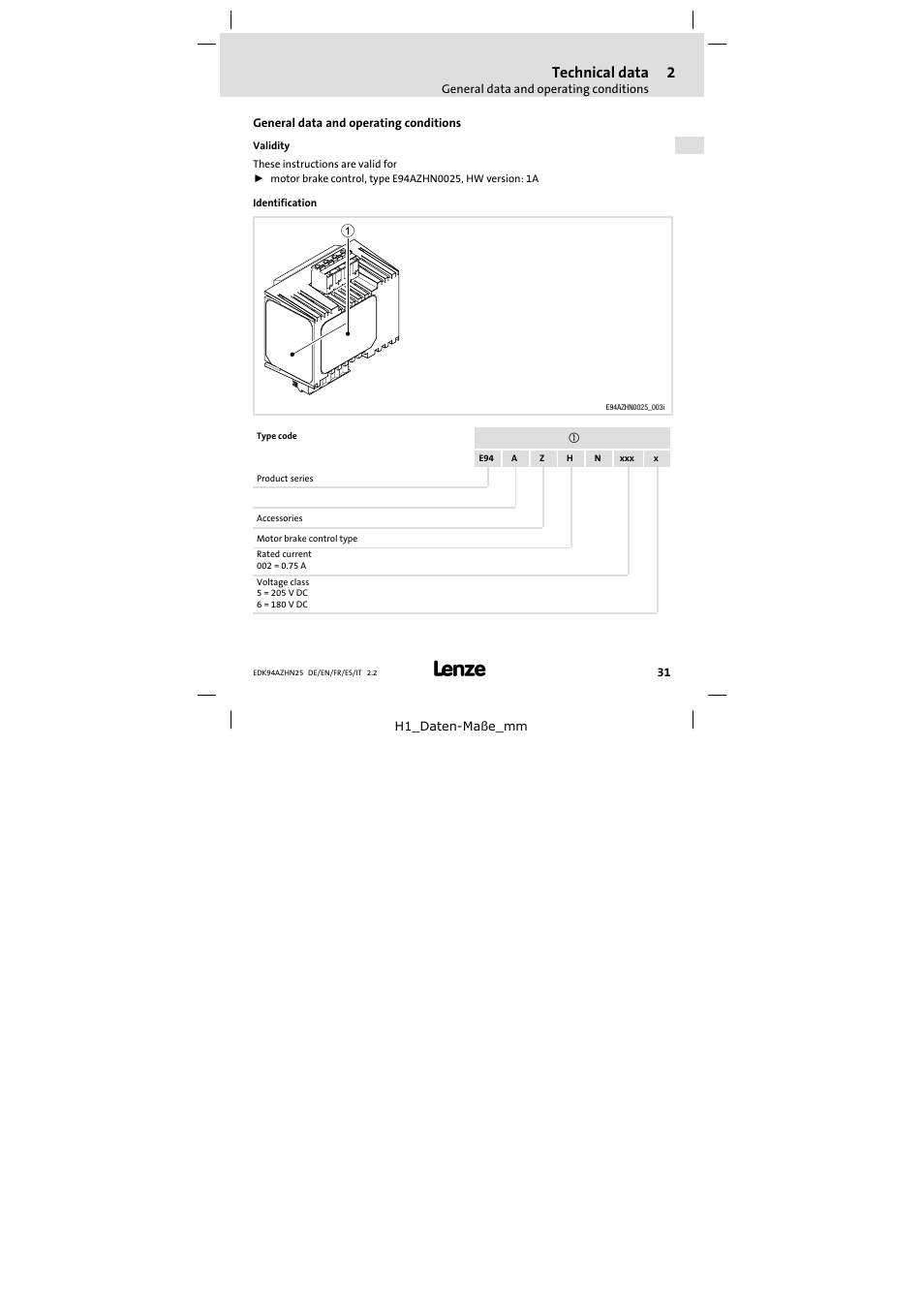 2 technical data, General data and operating conditions, Technical data | Lenze E94AZHN0025 User Manual | Page 31 / 104