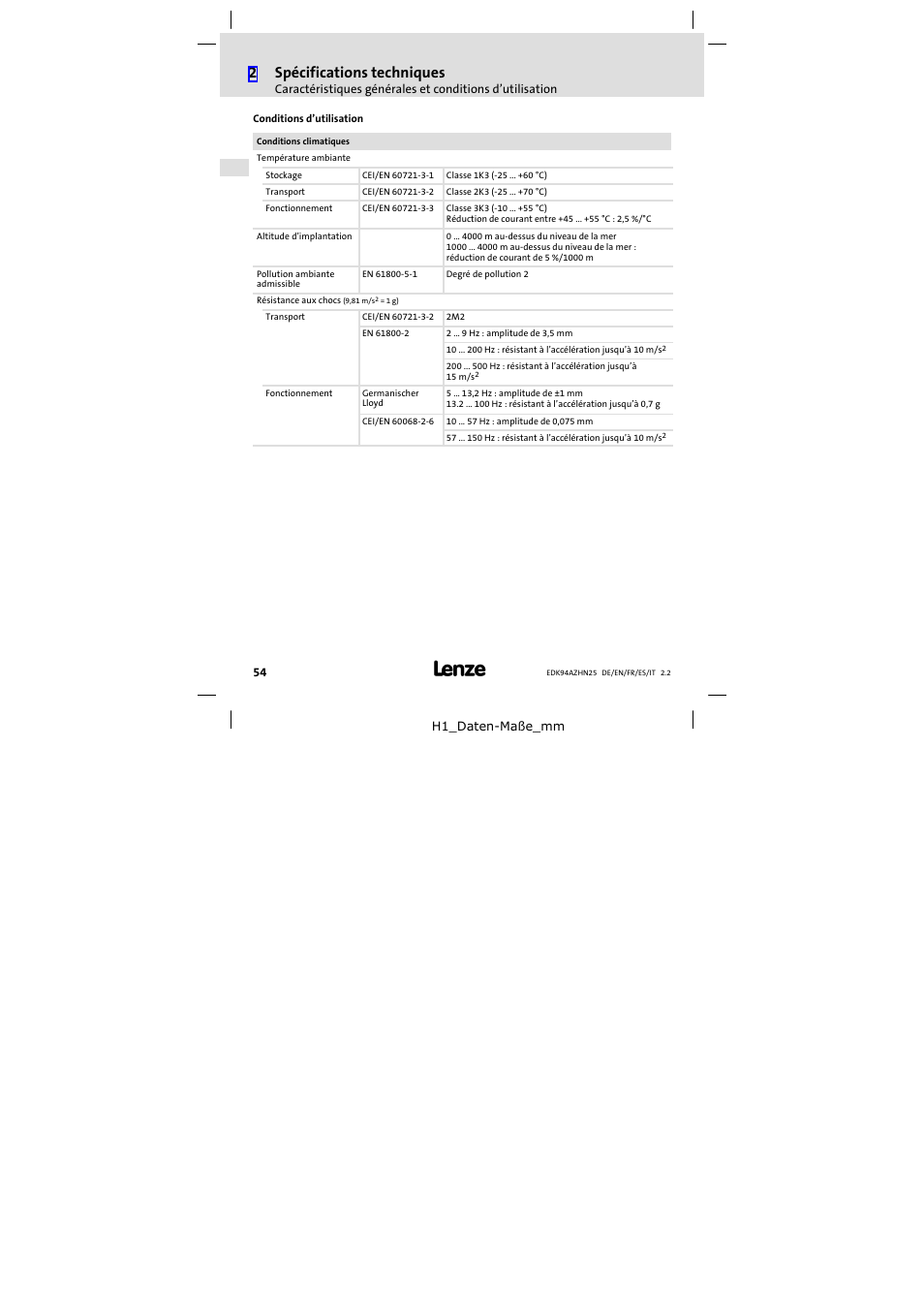 2spécifications techniques | Lenze E94AZHN0025 User Manual | Page 54 / 104