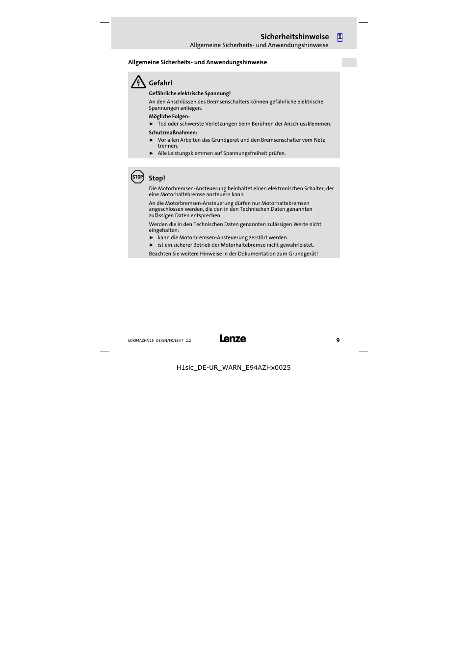 Allgemeine sicherheits- und anwendungshinweise, Allgemeine sicherheits− und anwendungshinweise, Sicherheitshinweise | Lenze E94AZHN0025 User Manual | Page 9 / 104