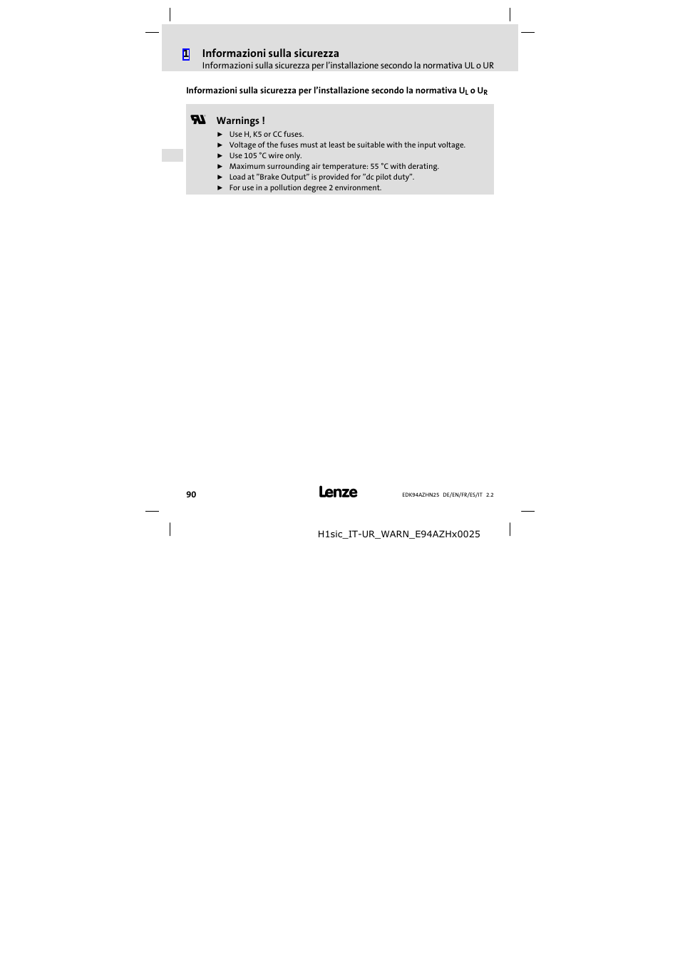 1informazioni sulla sicurezza | Lenze E94AZHN0025 User Manual | Page 90 / 104