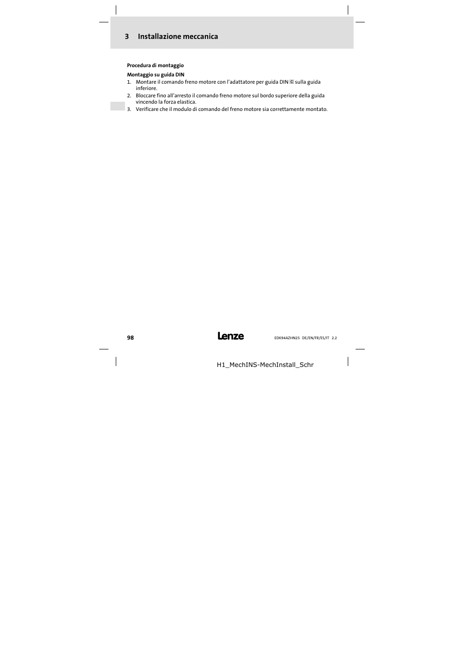 3 installazione meccanica, Installazione meccanica, 3installazione meccanica | Lenze E94AZHN0025 User Manual | Page 98 / 104