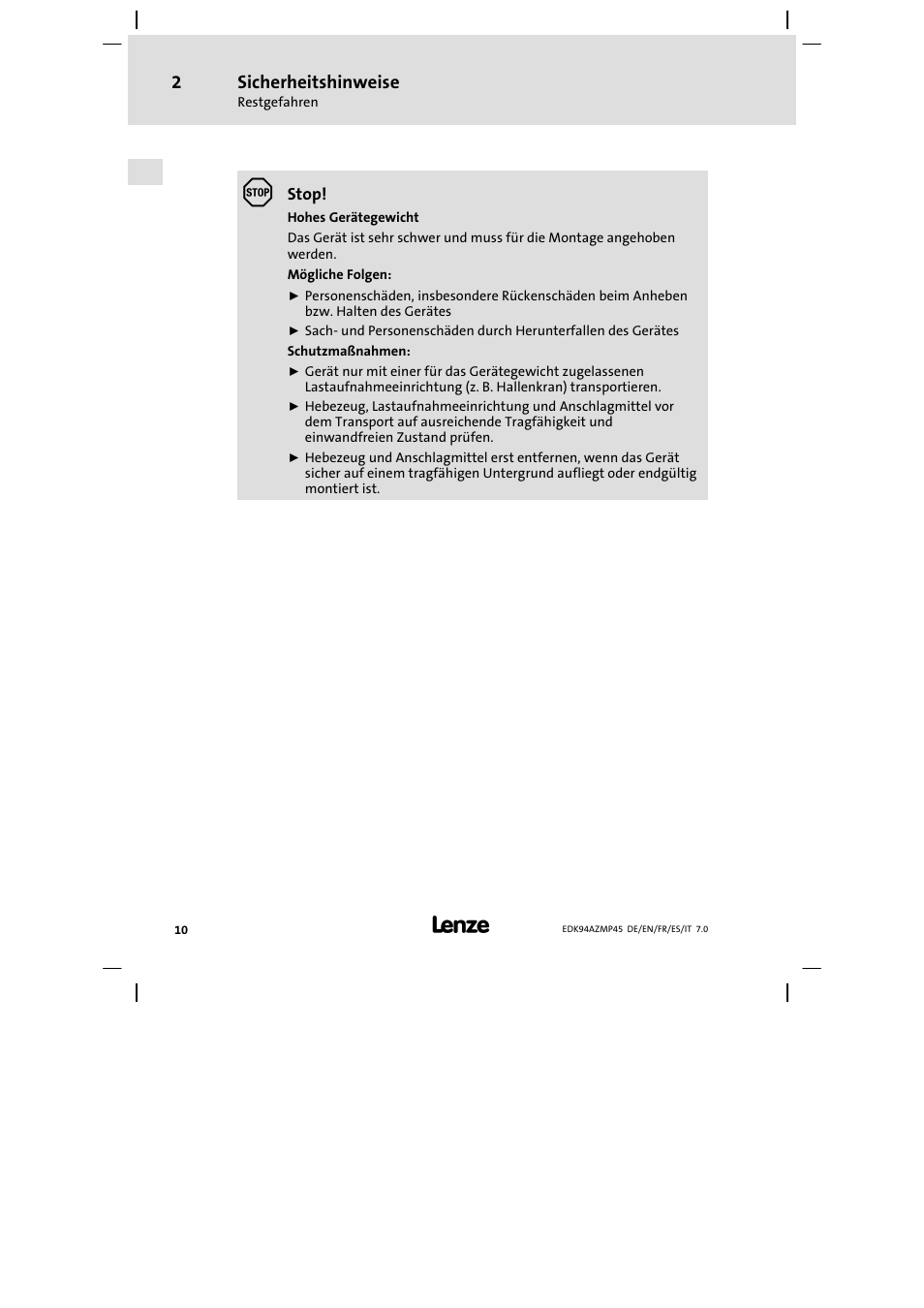 Sicherheitshinweise | Lenze E94AZMP User Manual | Page 10 / 156