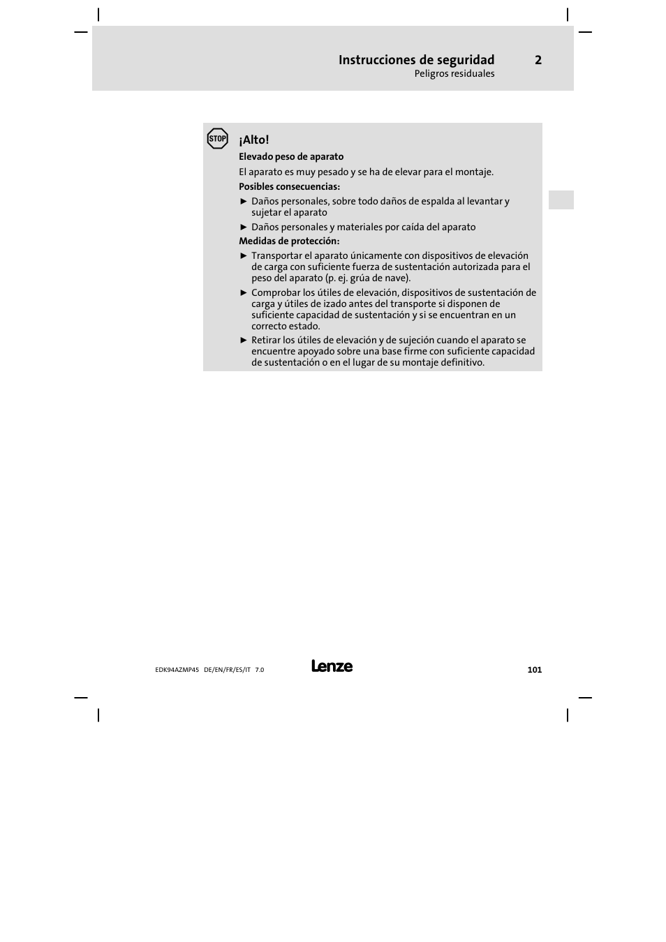 Instrucciones de seguridad | Lenze E94AZMP User Manual | Page 101 / 156