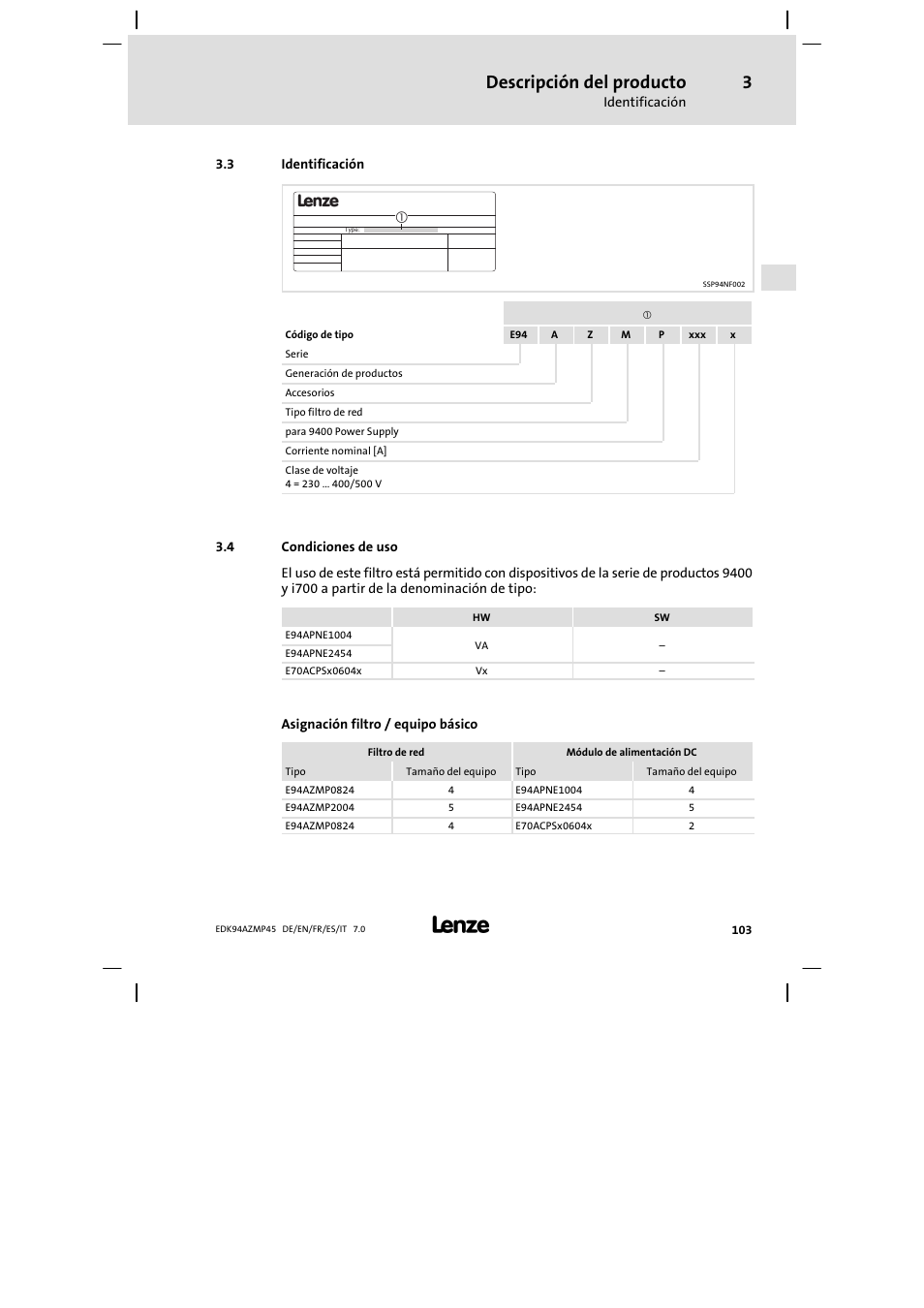 Identificación, Condiciones de uso, Descripción del producto | Lenze E94AZMP User Manual | Page 103 / 156