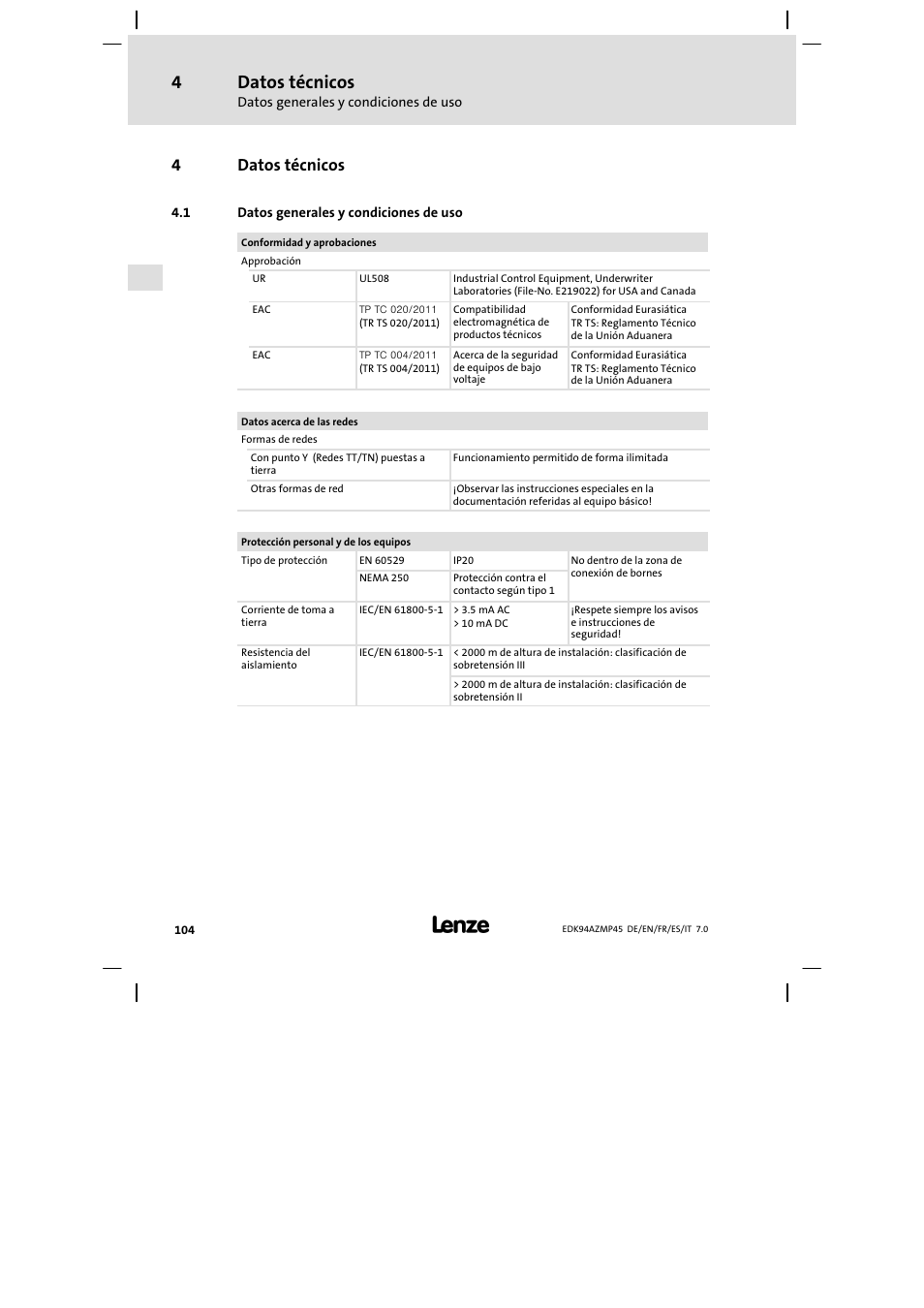 Datos técnicos, Datos generales y condiciones de uso, 4datos técnicos | Lenze E94AZMP User Manual | Page 104 / 156