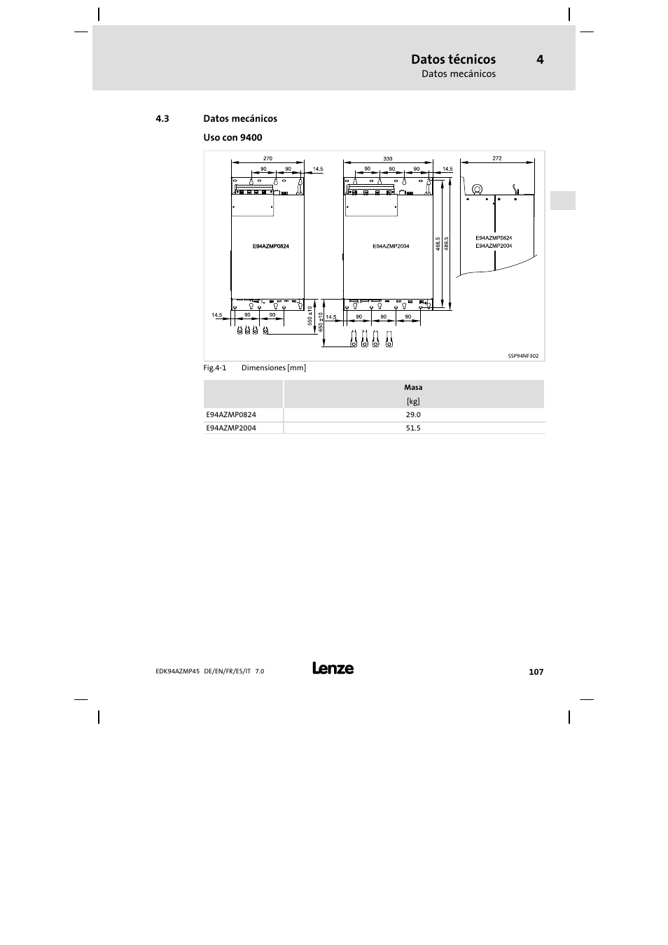 Datos mecánicos, Datos técnicos | Lenze E94AZMP User Manual | Page 107 / 156