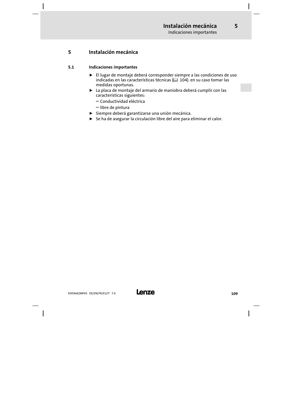 Instalación mecánica, Indicaciones importantes | Lenze E94AZMP User Manual | Page 109 / 156