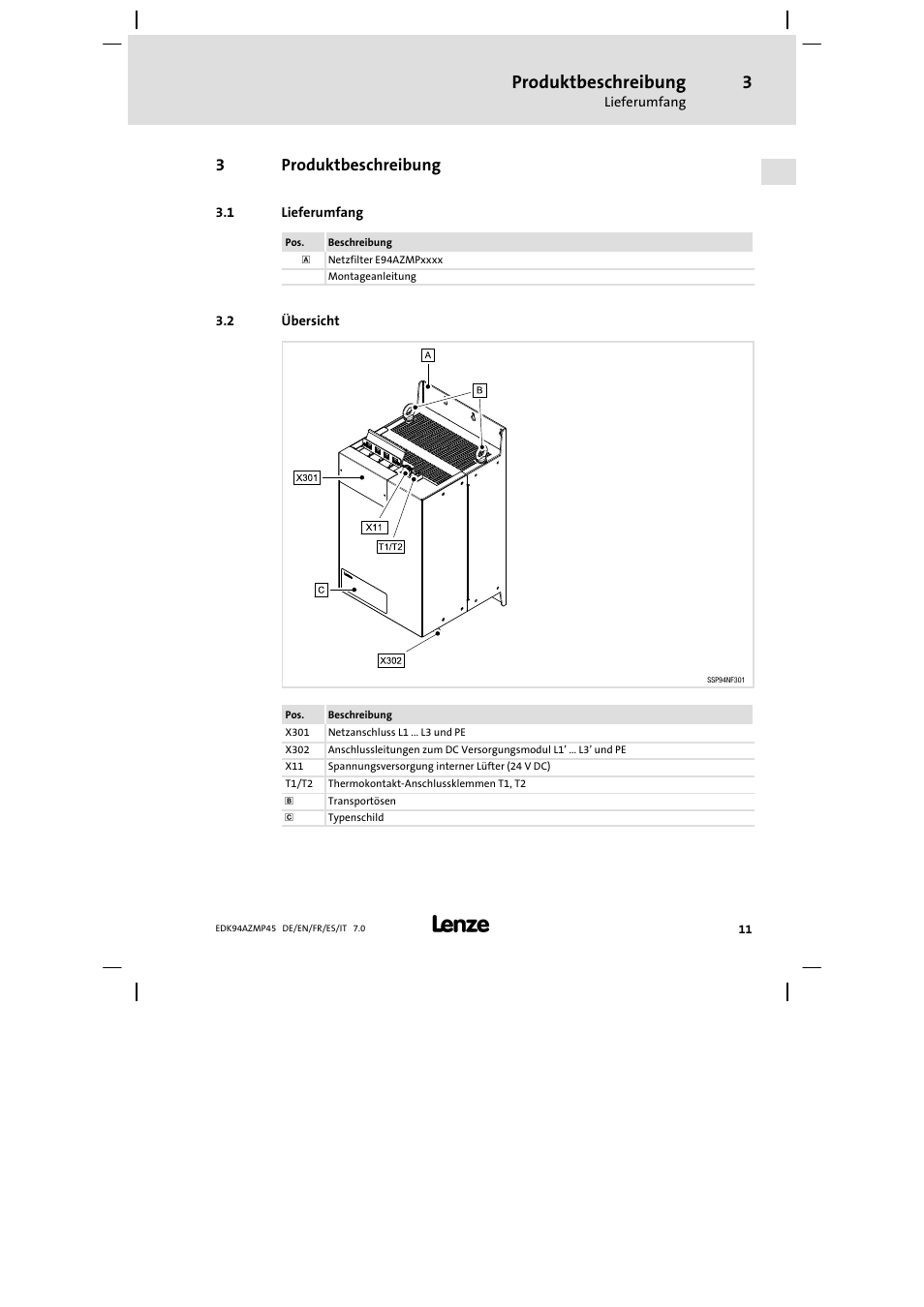 Produktbeschreibung, Lieferumfang, Übersicht | 3produktbeschreibung | Lenze E94AZMP User Manual | Page 11 / 156