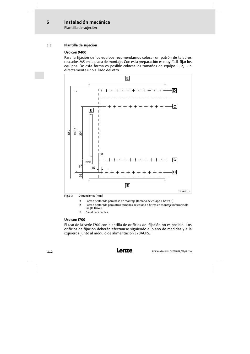 Plantilla de sujeción, Instalación mecánica | Lenze E94AZMP User Manual | Page 112 / 156