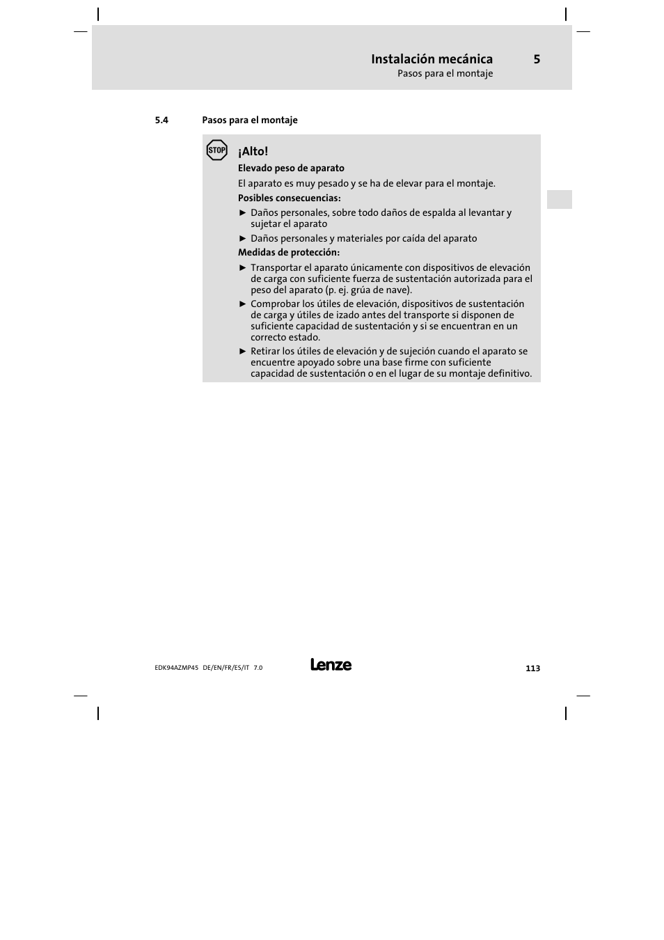 Pasos para el montaje, Instalación mecánica | Lenze E94AZMP User Manual | Page 113 / 156