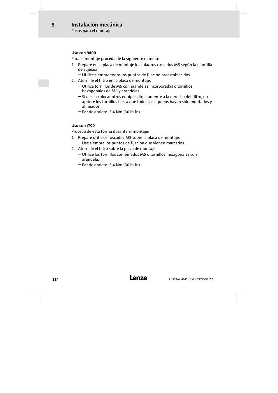 Instalación mecánica | Lenze E94AZMP User Manual | Page 114 / 156