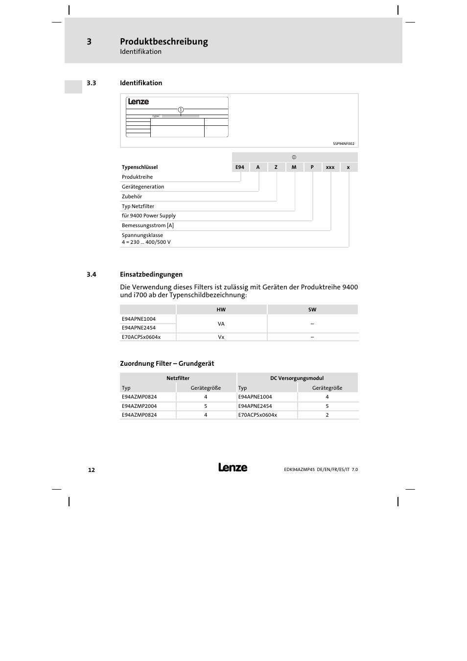 Identifikation, Einsatzbedingungen, Produktbeschreibung | Lenze E94AZMP User Manual | Page 12 / 156