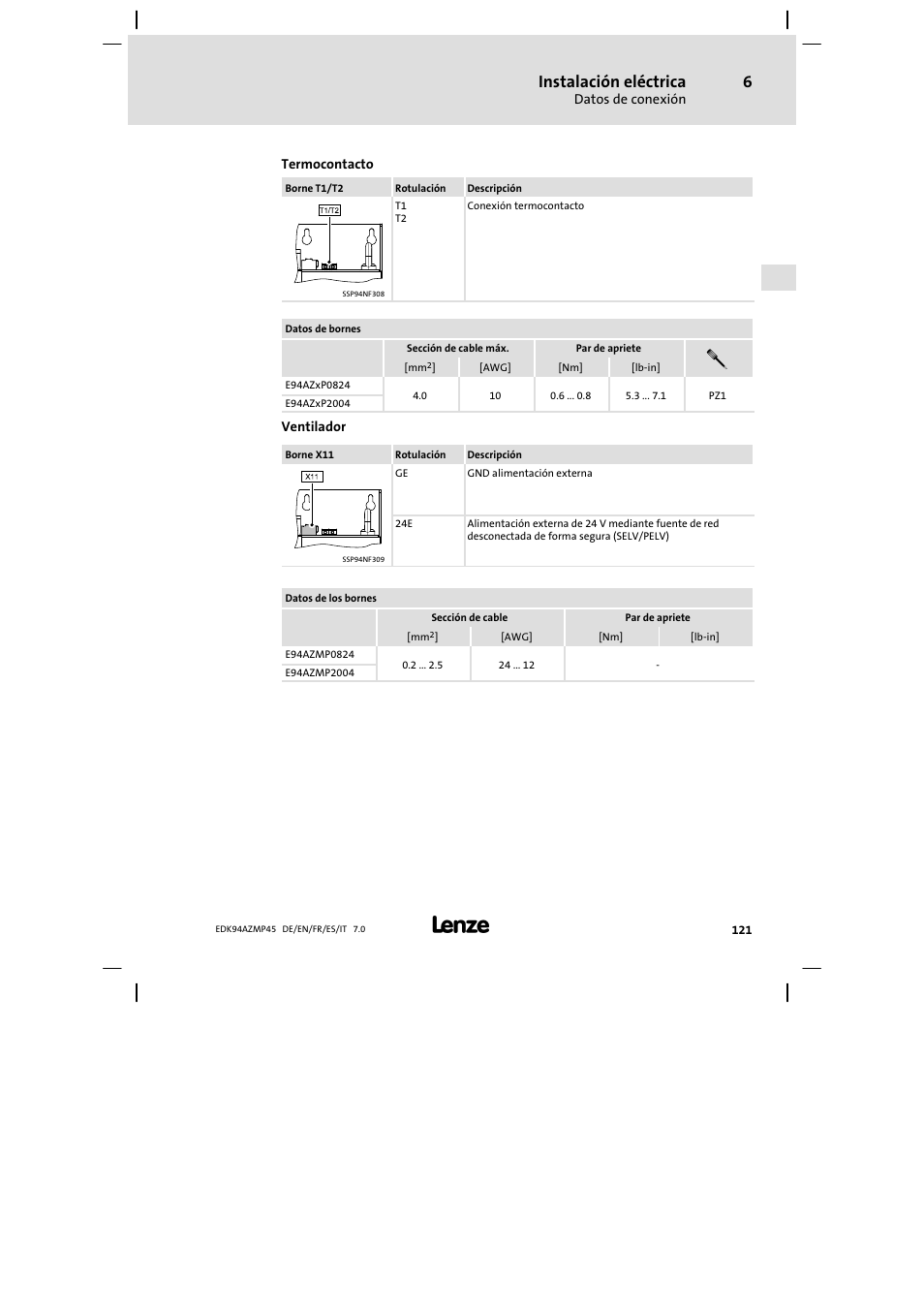 Instalación eléctrica | Lenze E94AZMP User Manual | Page 121 / 156