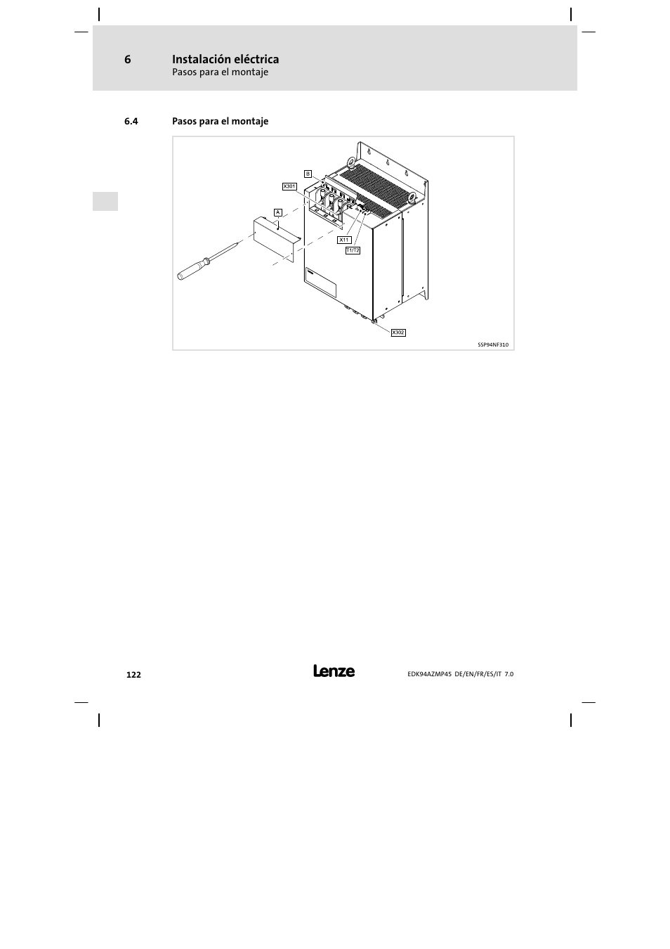 Pasos para el montaje, Instalación eléctrica | Lenze E94AZMP User Manual | Page 122 / 156