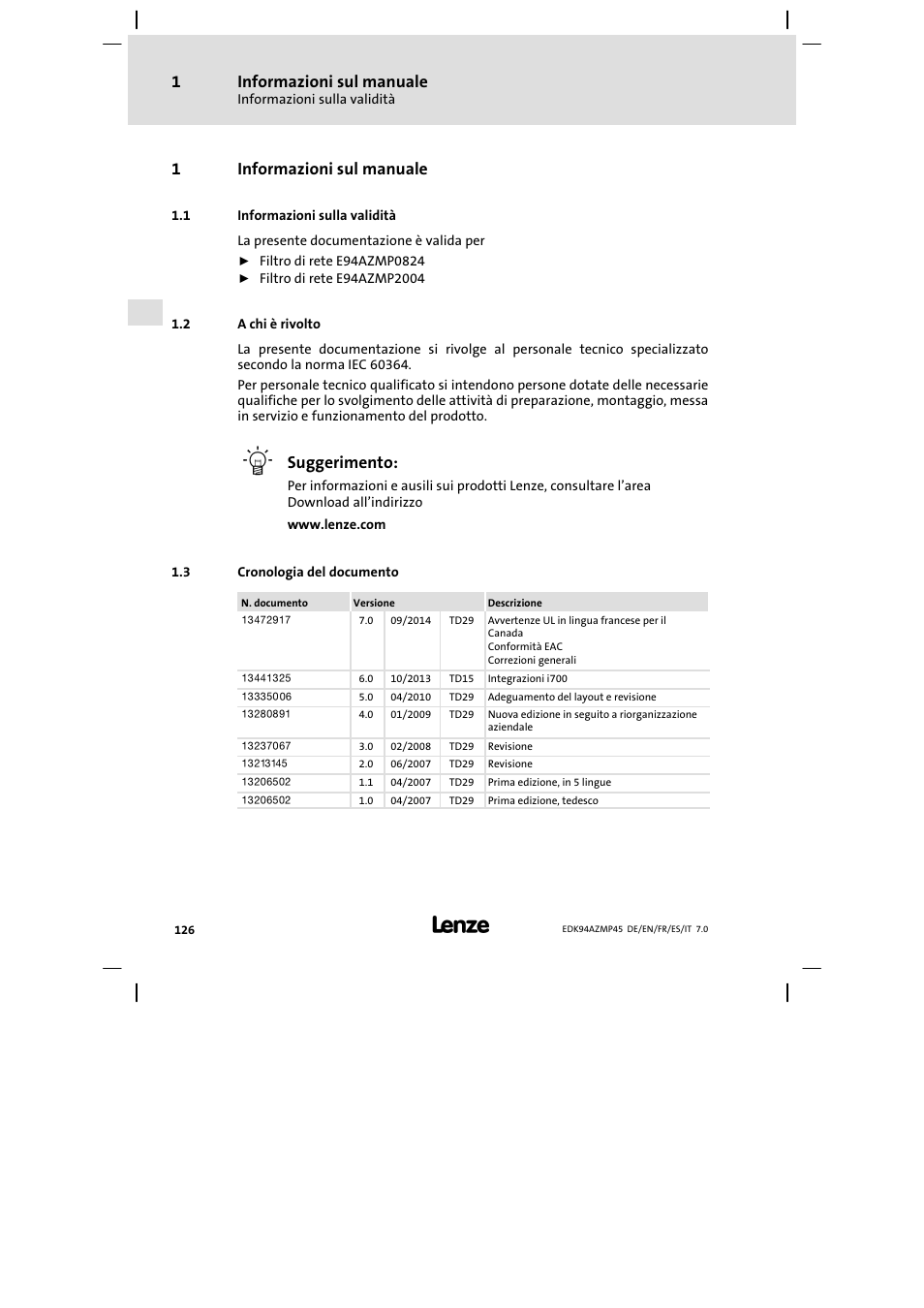 Informazioni sul manuale, Informazioni sulla validità, A chi è rivolto | Cronologia del documento, 1informazioni sul manuale, Suggerimento | Lenze E94AZMP User Manual | Page 126 / 156