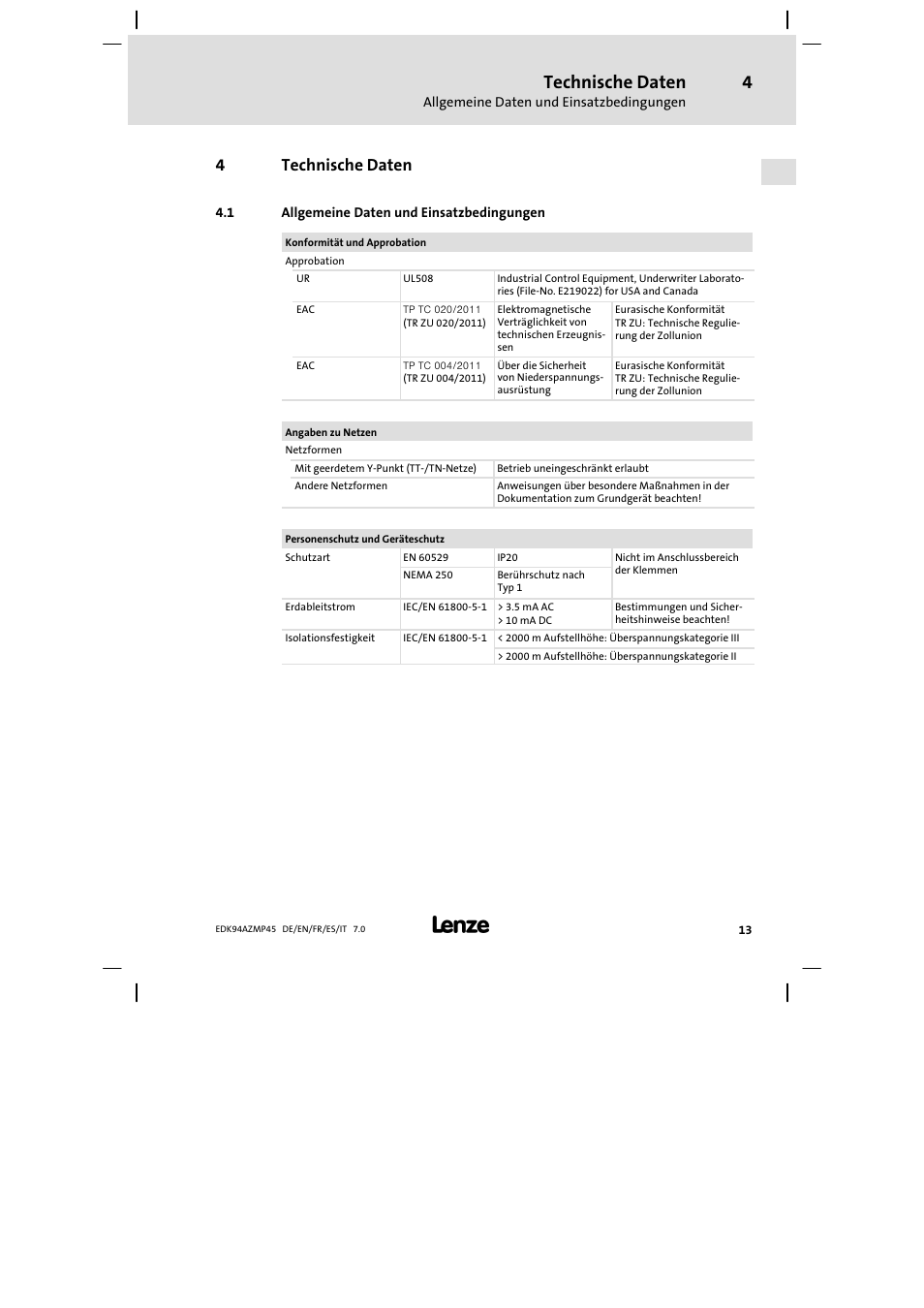 Technische daten, Allgemeine daten und einsatzbedingungen, 4technische daten | Lenze E94AZMP User Manual | Page 13 / 156