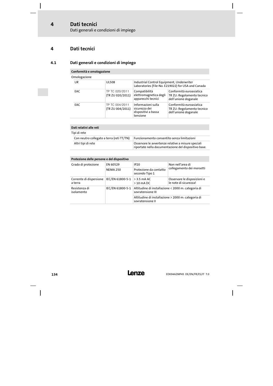 Dati tecnici, Dati generali e condizioni di impiego, 4dati tecnici | Lenze E94AZMP User Manual | Page 134 / 156