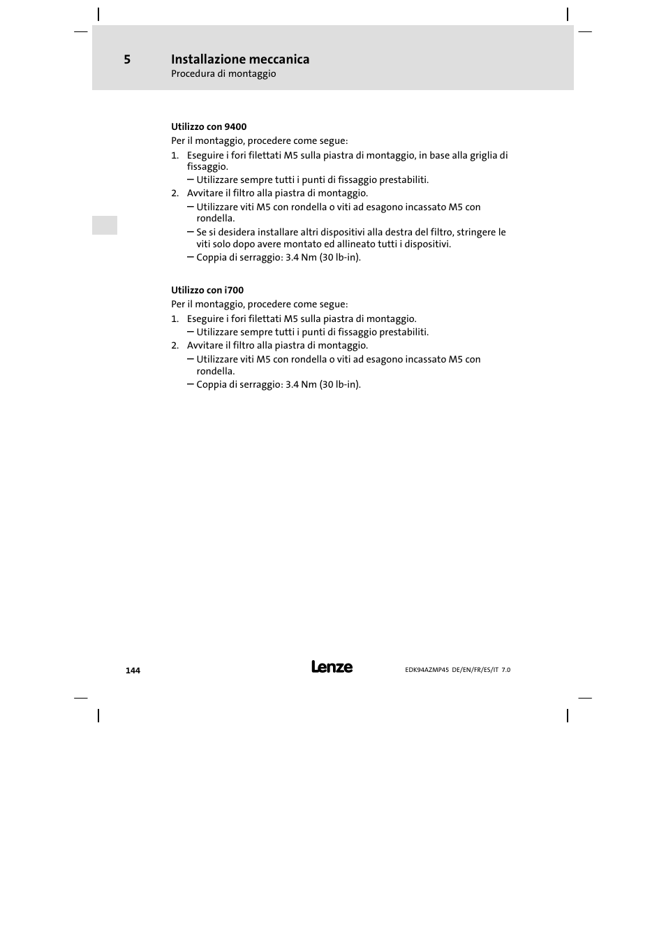 Installazione meccanica | Lenze E94AZMP User Manual | Page 144 / 156