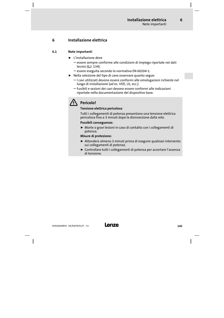 Installazione elettrica, Note importanti | Lenze E94AZMP User Manual | Page 145 / 156