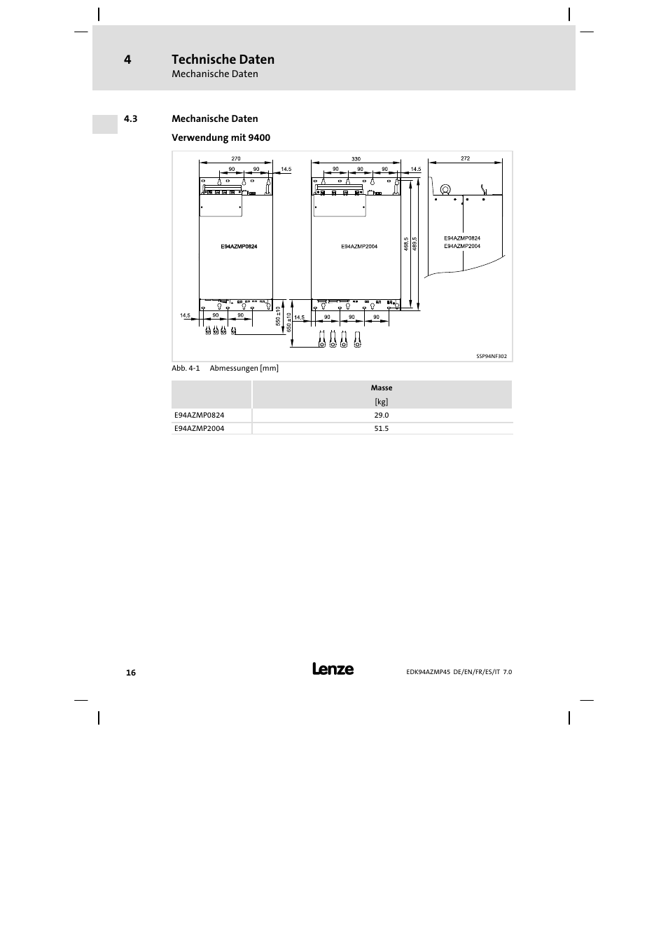 Mechanische daten, Technische daten | Lenze E94AZMP User Manual | Page 16 / 156