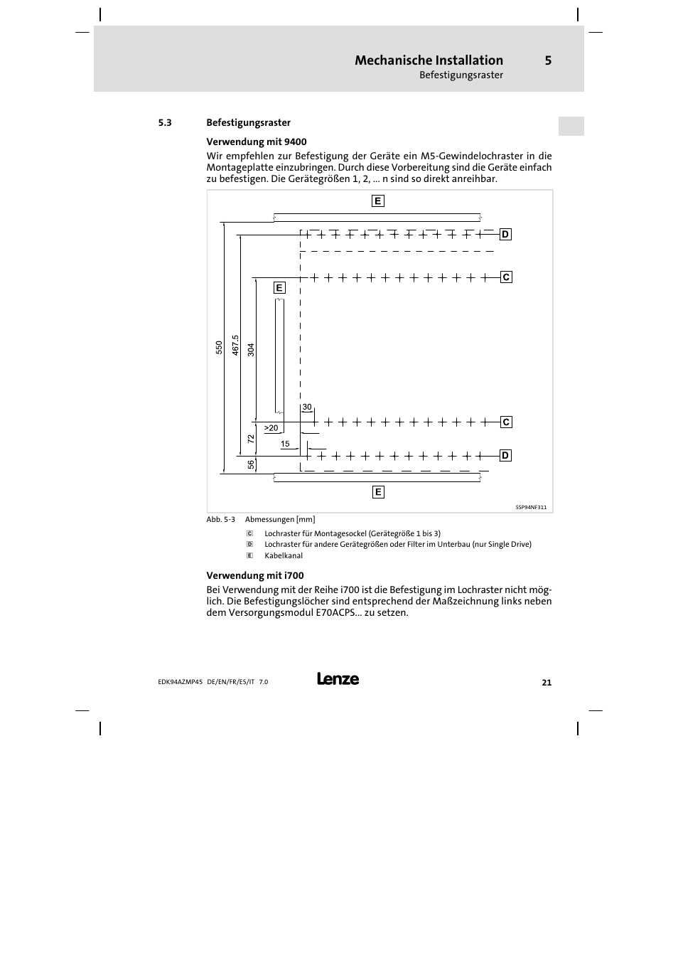 Befestigungsraster, Mechanische installation | Lenze E94AZMP User Manual | Page 21 / 156