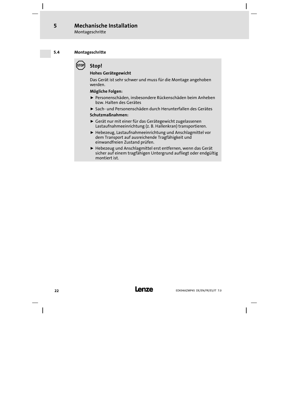 Montageschritte, Mechanische installation | Lenze E94AZMP User Manual | Page 22 / 156