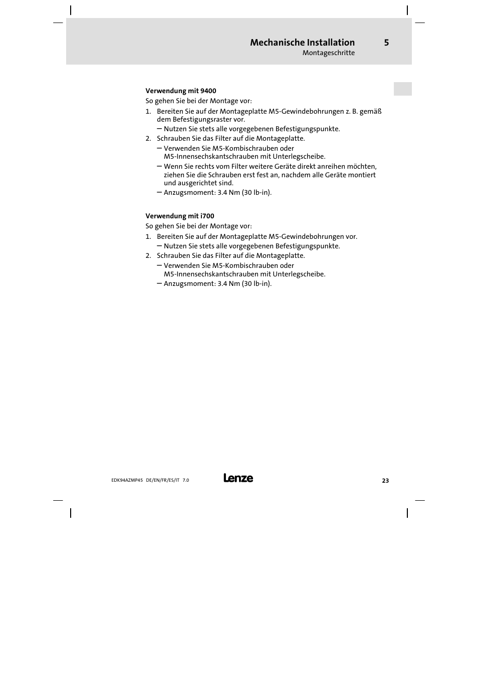 Mechanische installation | Lenze E94AZMP User Manual | Page 23 / 156