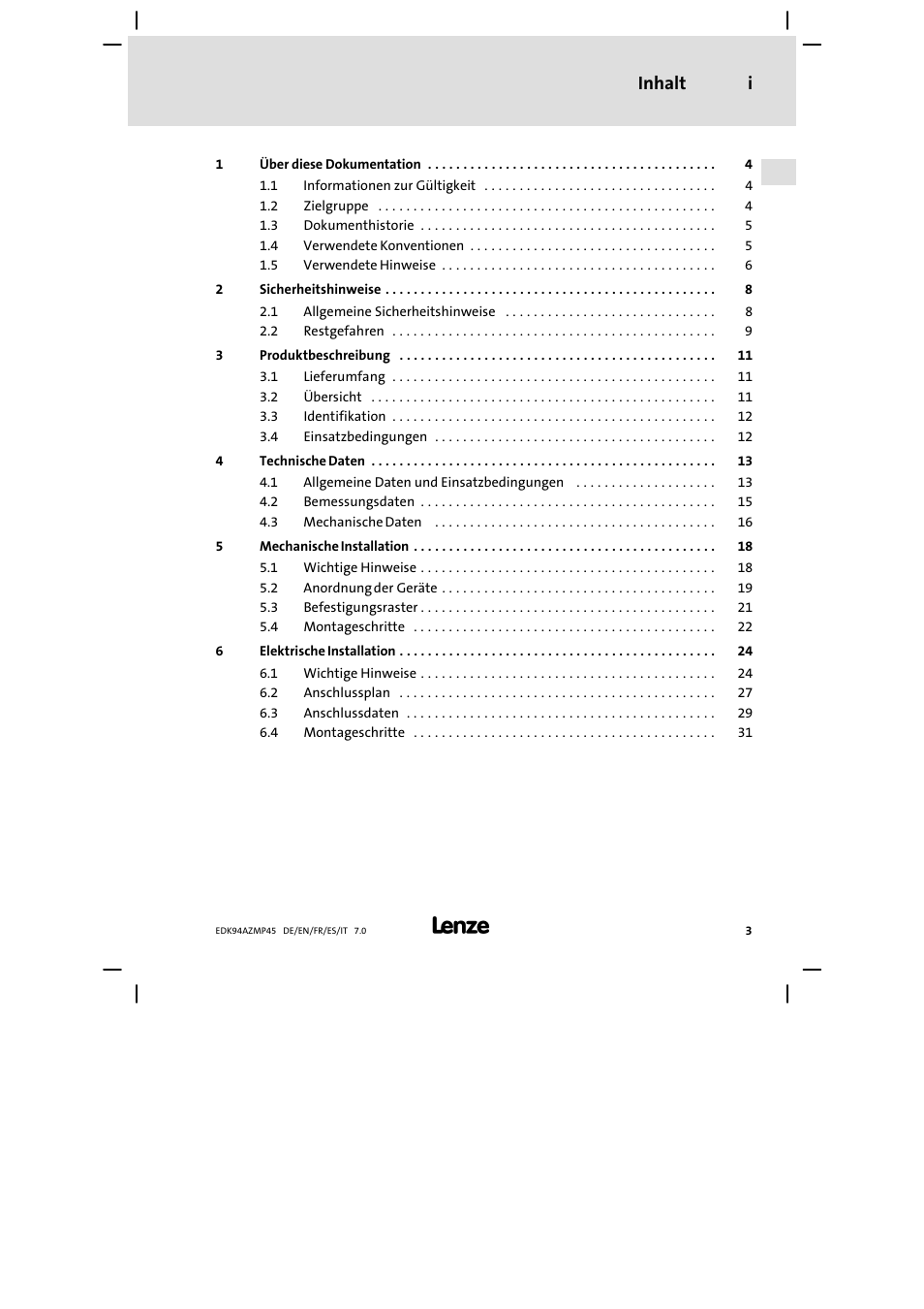 Inhalt, Inhalt i | Lenze E94AZMP User Manual | Page 3 / 156