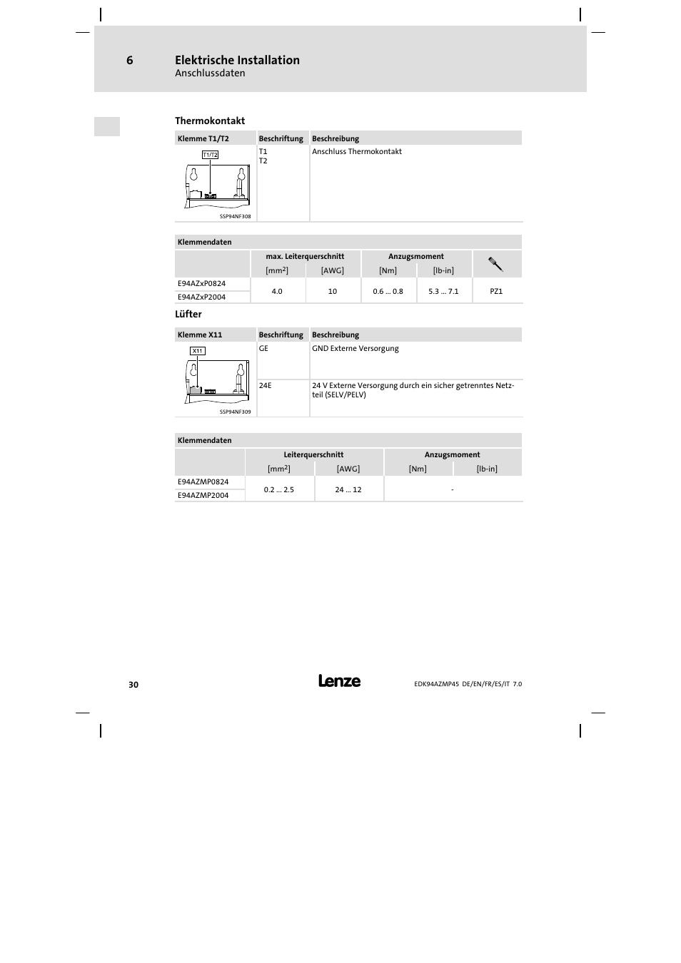 Elektrische installation | Lenze E94AZMP User Manual | Page 30 / 156