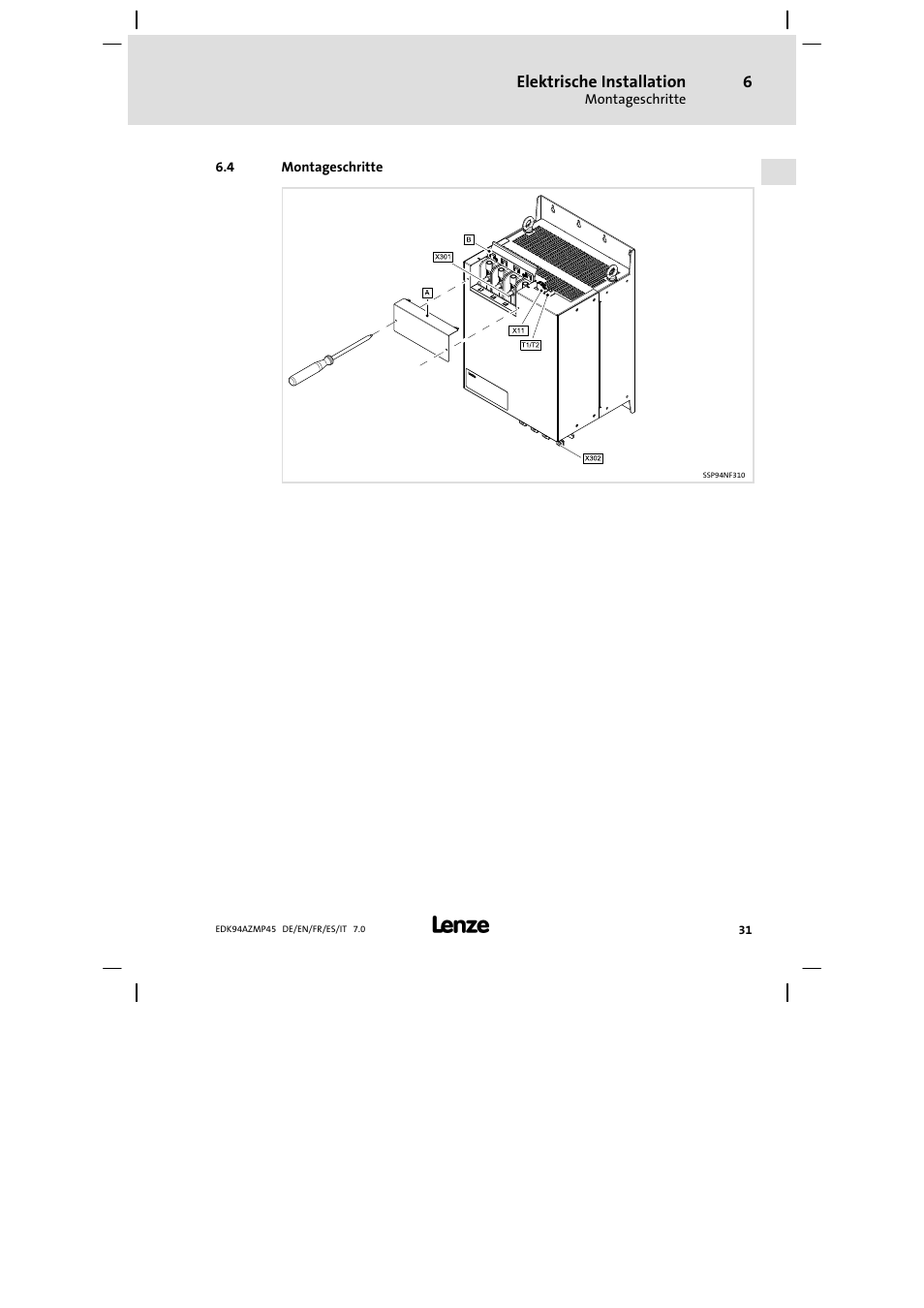 Montageschritte, Elektrische installation | Lenze E94AZMP User Manual | Page 31 / 156