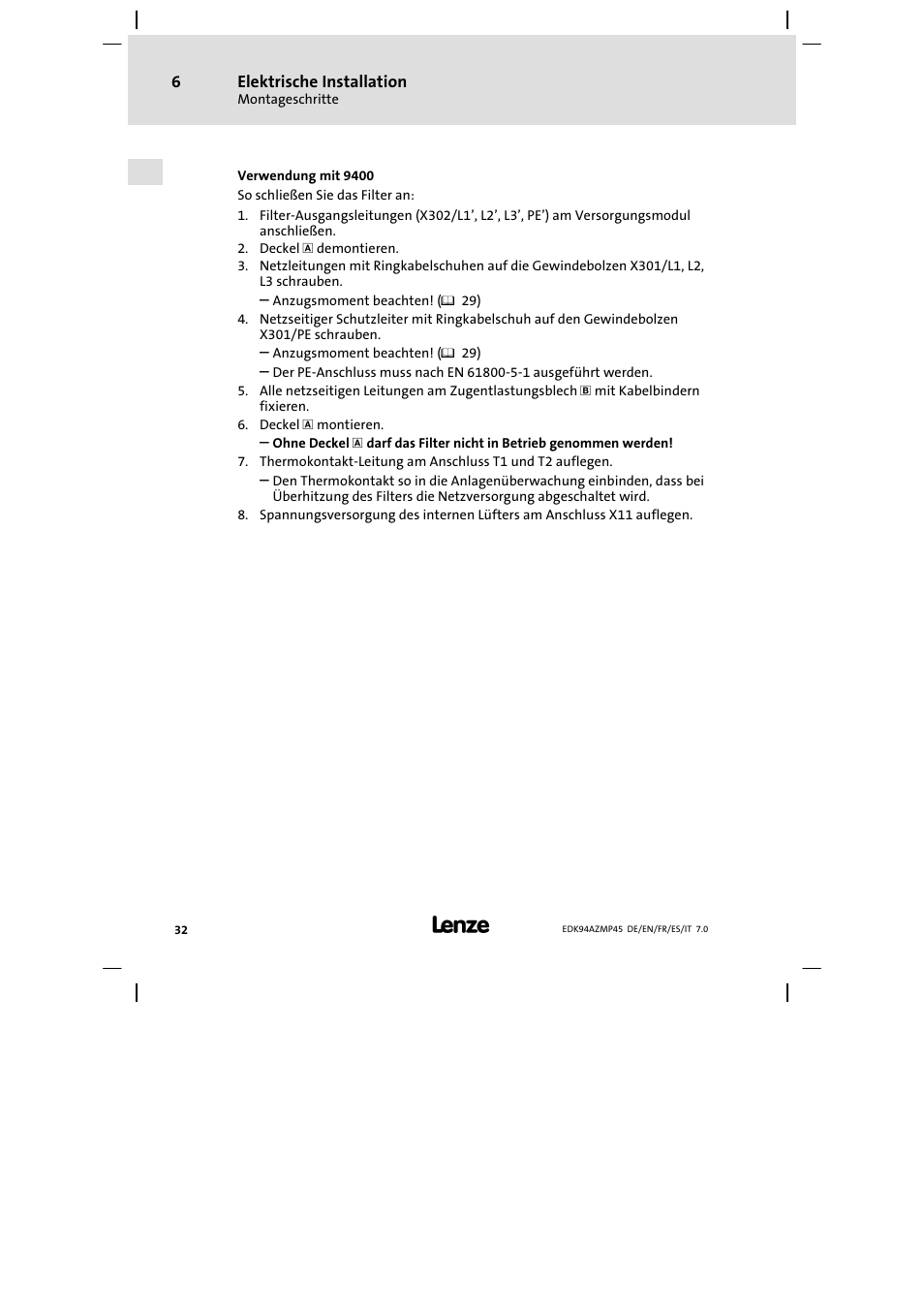 Lenze E94AZMP User Manual | Page 32 / 156