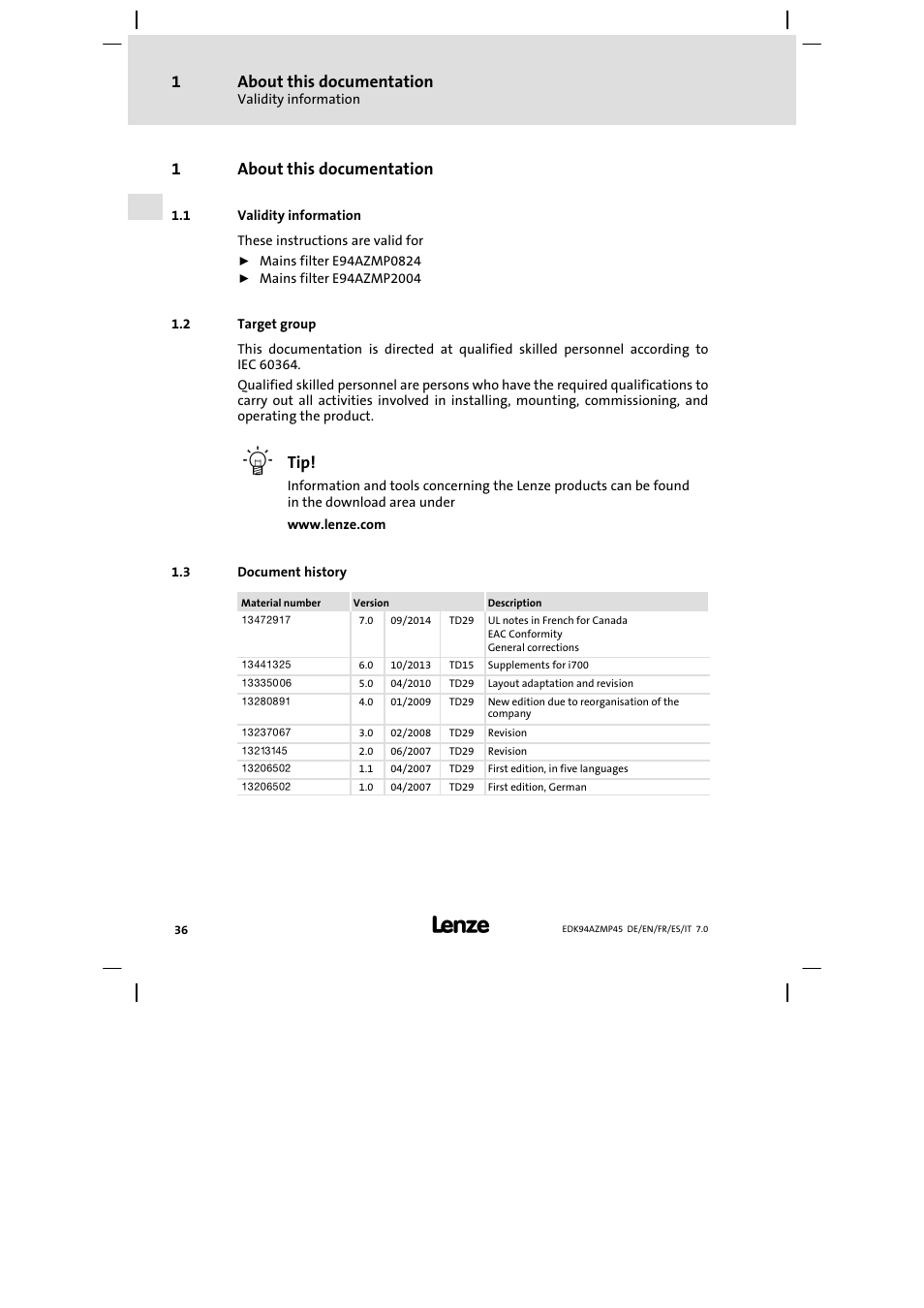 About this documentation, Validity information, Target group | Document history, 1about this documentation | Lenze E94AZMP User Manual | Page 36 / 156