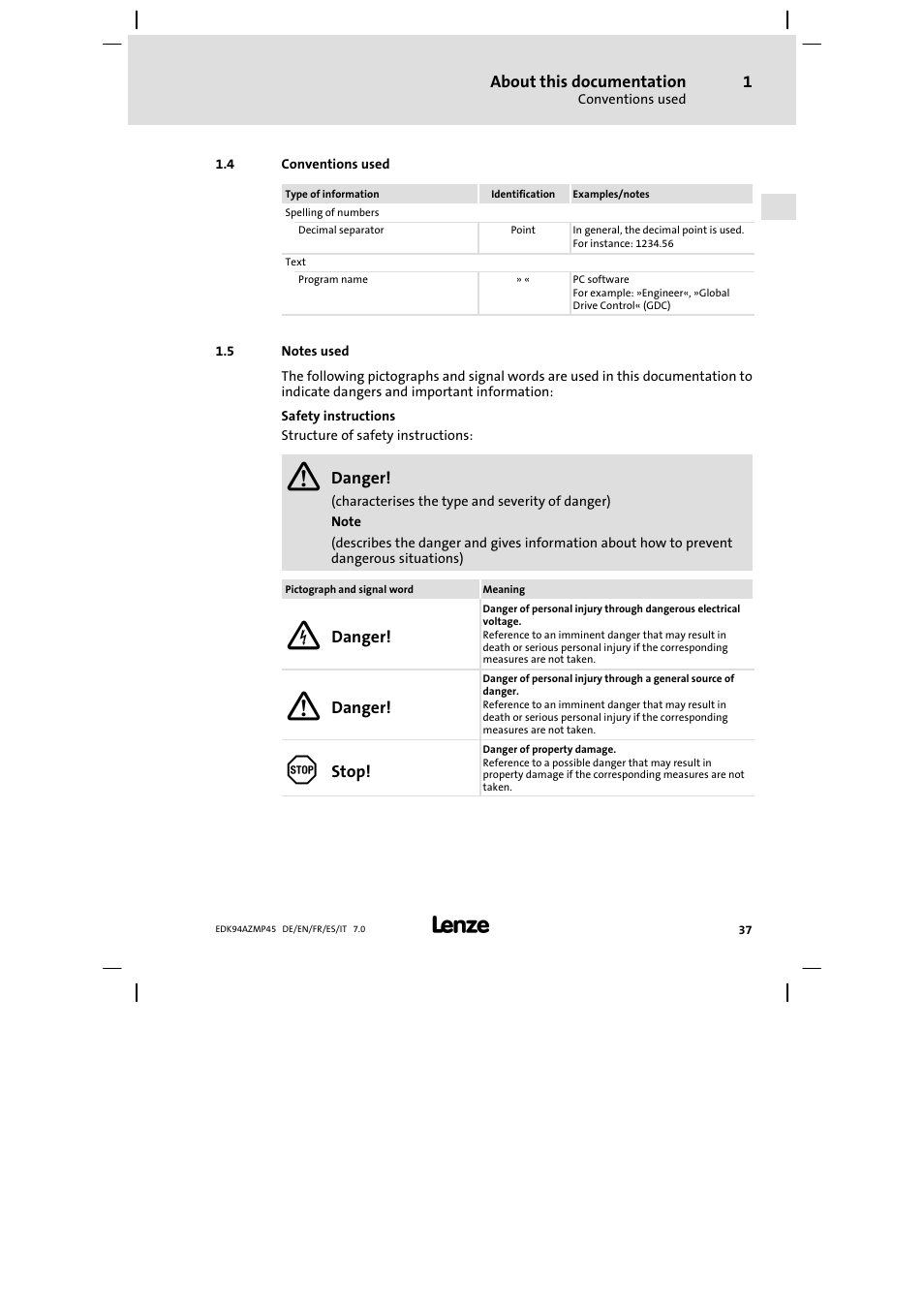 Conventions used, Notes used | Lenze E94AZMP User Manual | Page 37 / 156