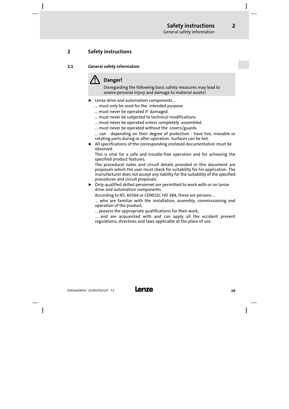 Safety instructions, General safety information | Lenze E94AZMP User Manual | Page 39 / 156