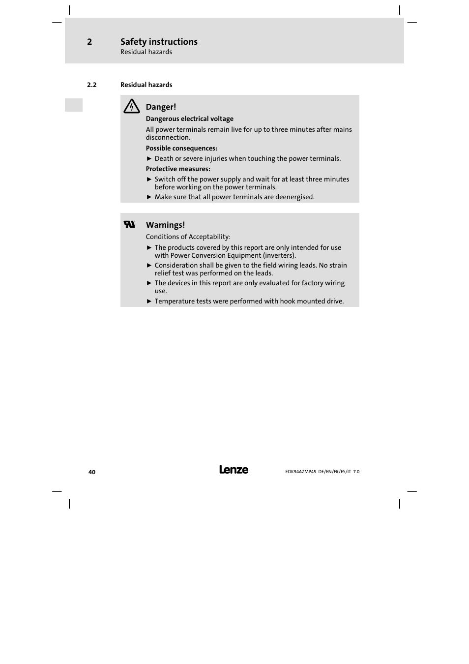 Residual hazards, Safety instructions | Lenze E94AZMP User Manual | Page 40 / 156