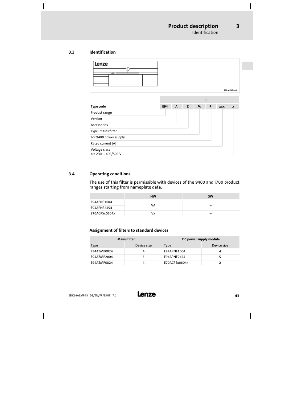 Identification, Operating conditions, Product description | Lenze E94AZMP User Manual | Page 43 / 156