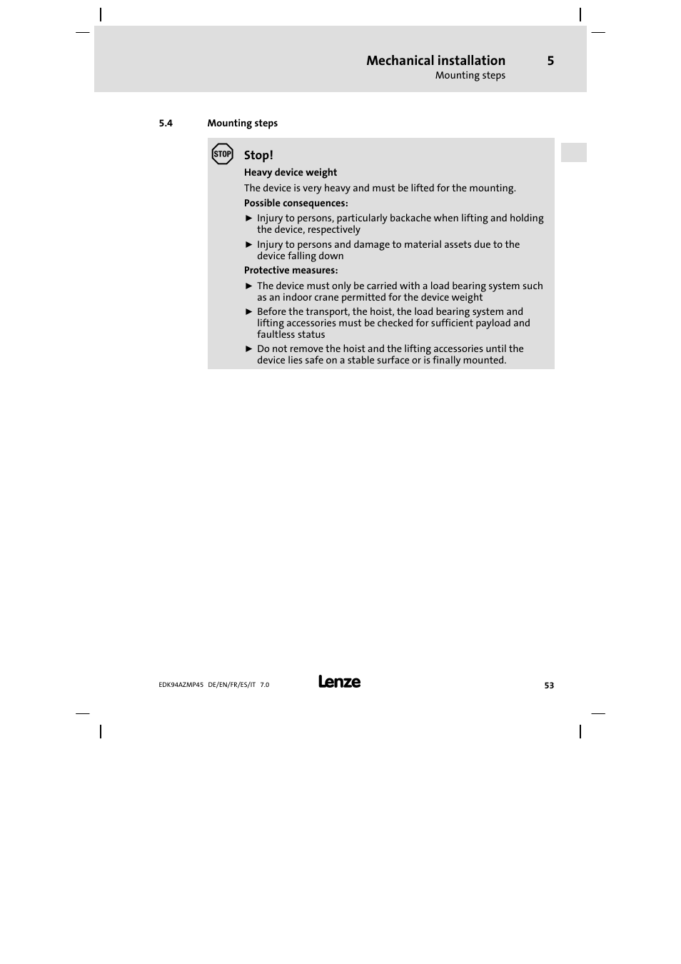 Mounting steps, Mechanical installation | Lenze E94AZMP User Manual | Page 53 / 156